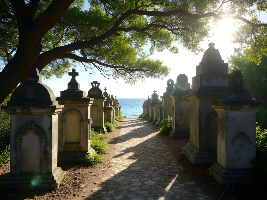 Historic Bodden Town Cemetery with weathered limestone grave markers and sea grape trees