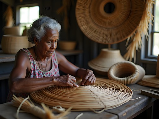 Local Caymanian artisan demonstrating traditional silver thatch palm weaving techniques
