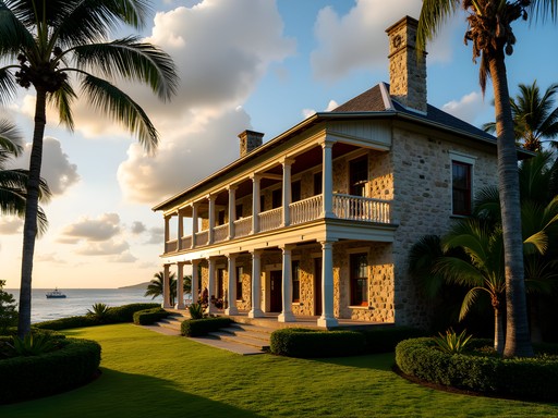 Historic Pedro St. James Great House with palm trees and Caribbean Sea in background
