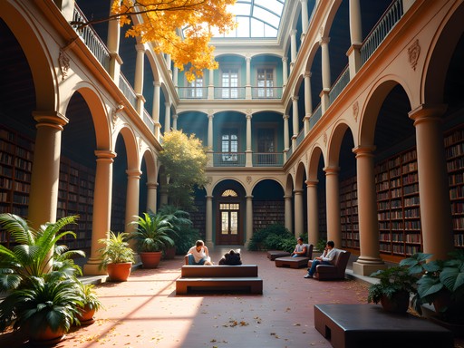 Boston Public Library courtyard with fall colors and historic architecture