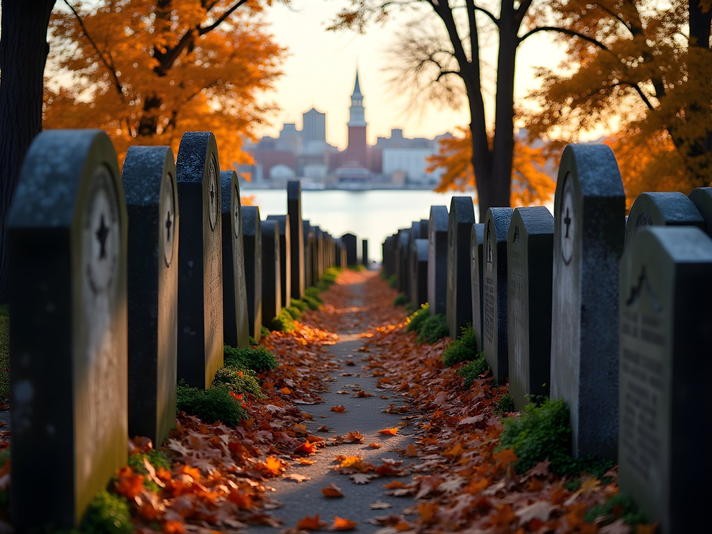 Historic headstones at Copp's Hill Burying Ground with fall foliage and Boston harbor view