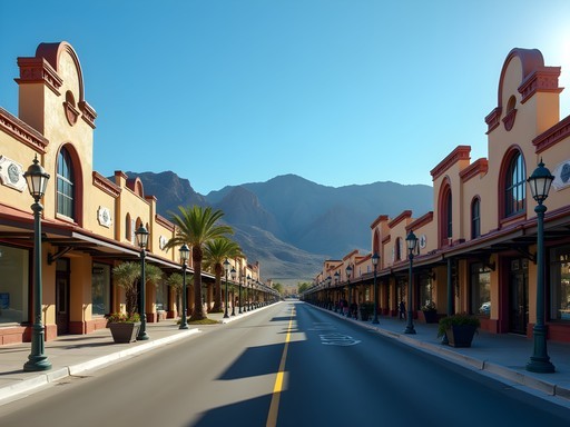 Tree-lined historic street in Boulder City with 1930s architecture and mountains in background