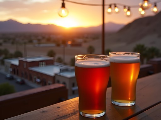 Sunset view from Boulder Dam Brewing Company rooftop showing historic Boulder City and mountains