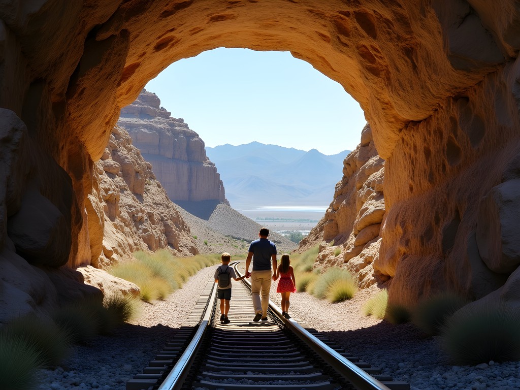 Family hiking through historic railroad tunnel on trail near Hoover Dam with Lake Mead views