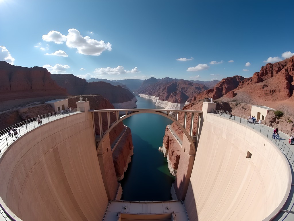 Panoramic view of Hoover Dam from observation deck with Lake Mead in background