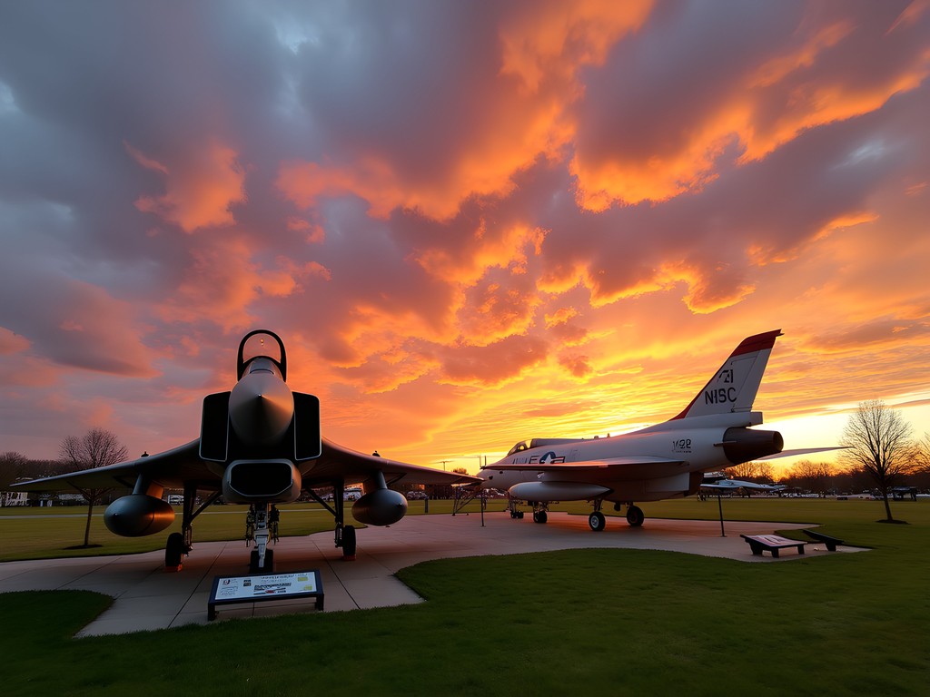 Historic aircraft on display at Aviation Heritage Park in Bowling Green at sunset