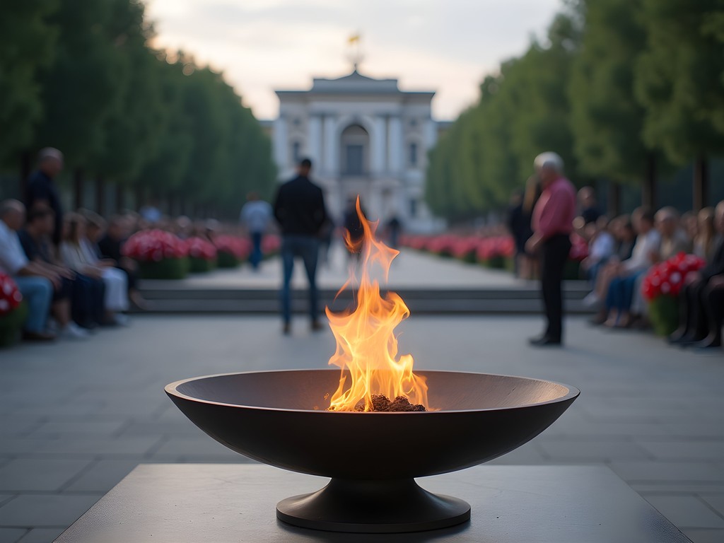 Eternal flame memorial at Brest Fortress with ceremonial guard and visitors paying respects
