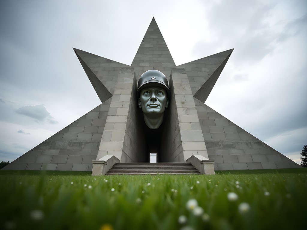 Massive concrete soldier monument at Brest Fortress entrance with star-shaped fortification