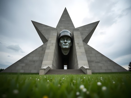 Massive concrete soldier monument at Brest Fortress entrance with star-shaped fortification