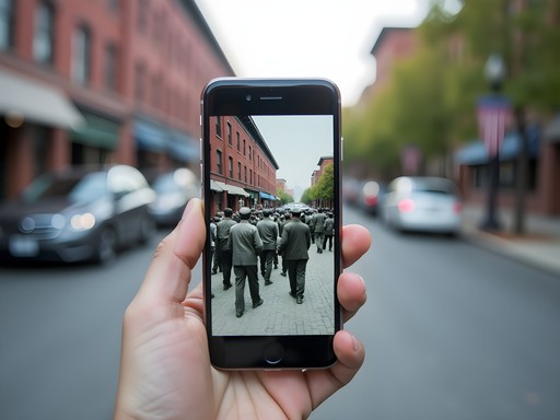 Augmented reality view of historical Brockton factory scene overlaid on modern street