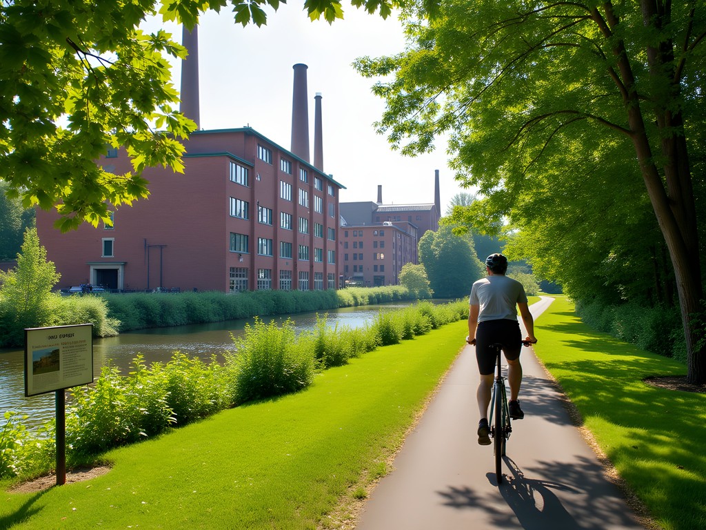 Cyclist on Brockton's extended industrial heritage cycling route passing historic factory buildings