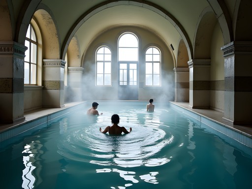 Interior of historic Lukács Thermal Bath in Budapest showing thermal pools and architectural details