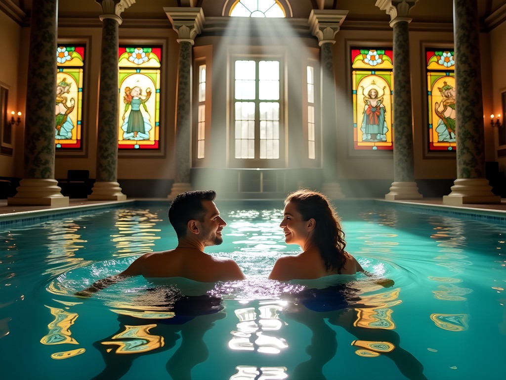 Couple enjoying the thermal pools at Gellért Bath in Budapest