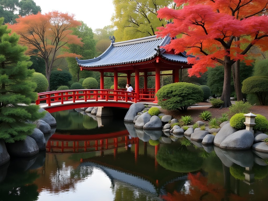 Historic Japanese Garden with traditional red bridge in Palermo, Buenos Aires