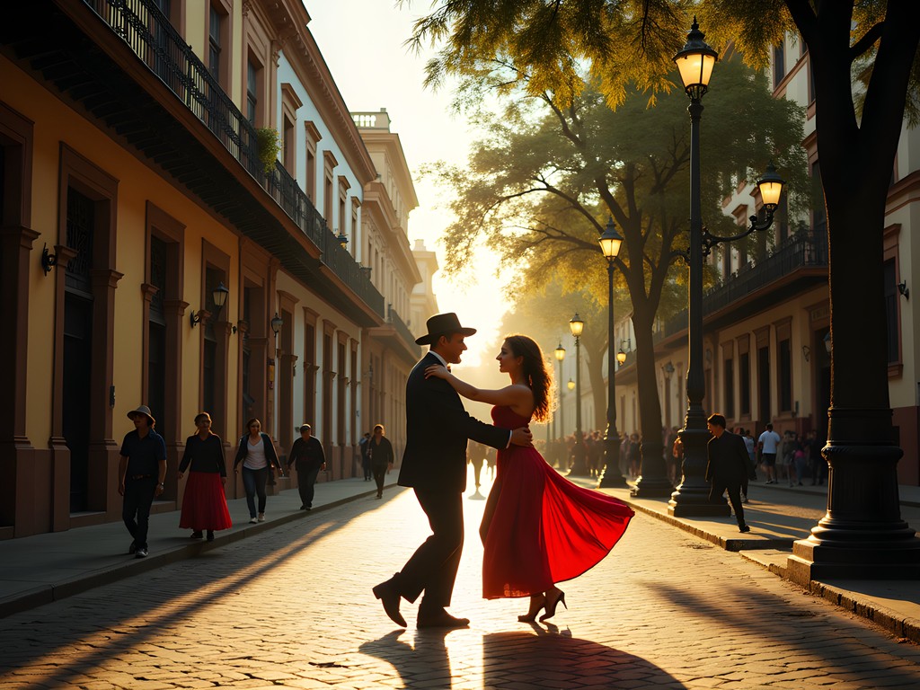 Historic San Telmo district with tango dancers on cobblestone street in Buenos Aires