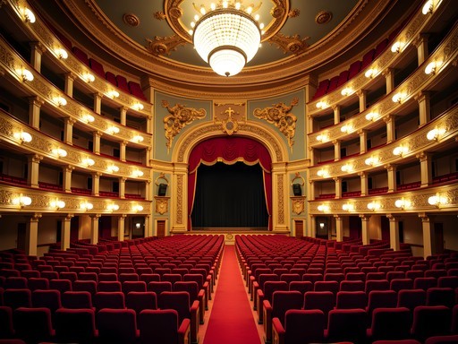 Ornate interior of Teatro Colón opera house with red and gold decoration in Buenos Aires