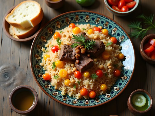 Traditional Uzbek plov served on decorative ceramic platter with fresh bread and tea
