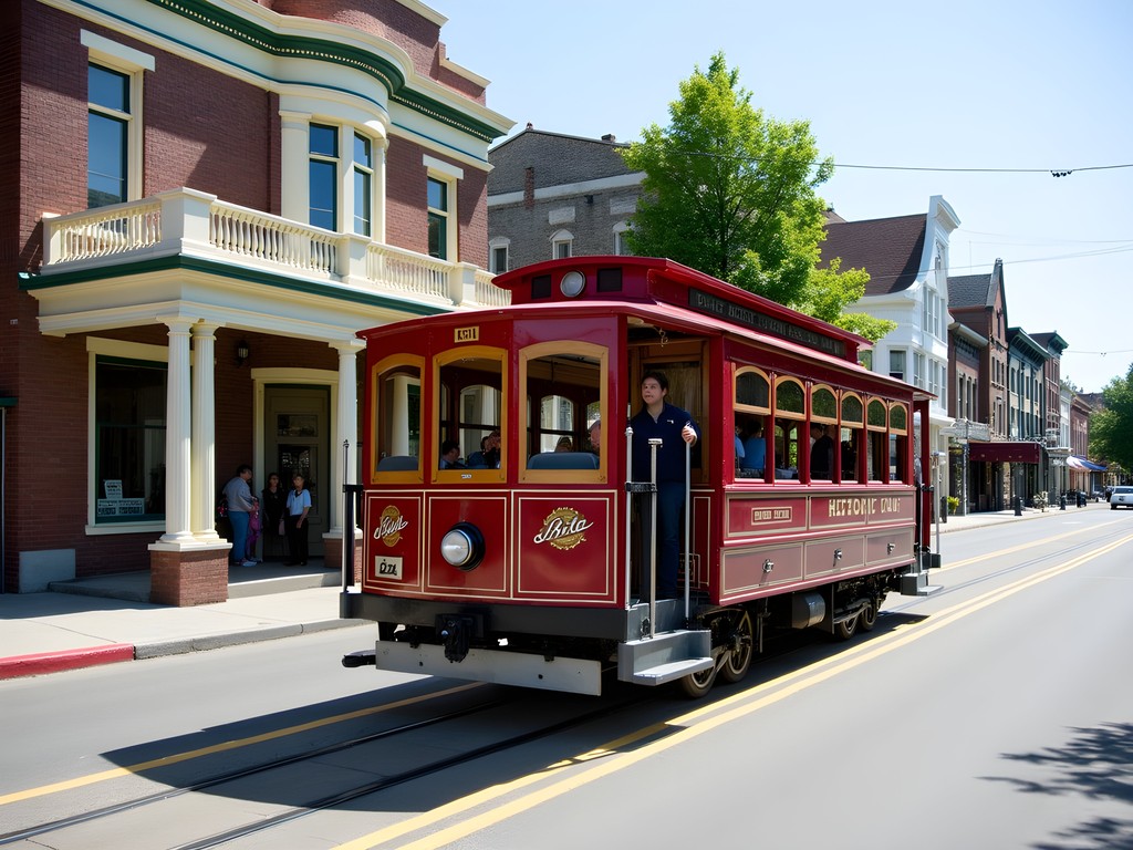 Historic trolley car traveling through Butte's uptown district with Victorian buildings