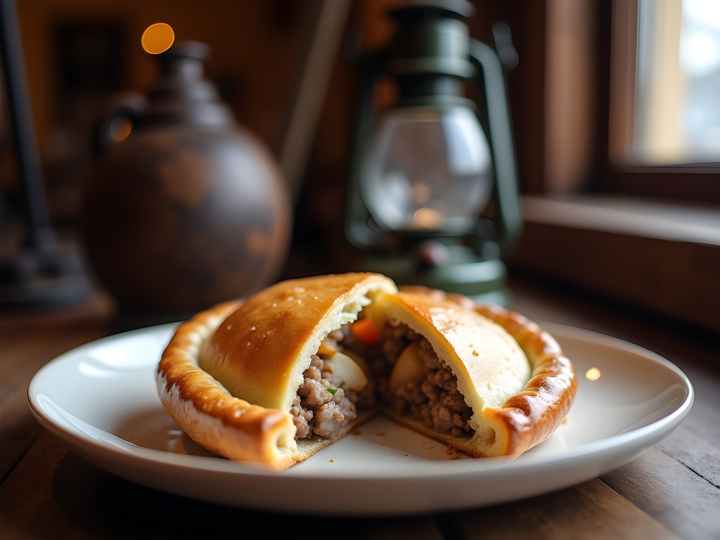 Traditional Butte pasty on plate with mining memorabilia background