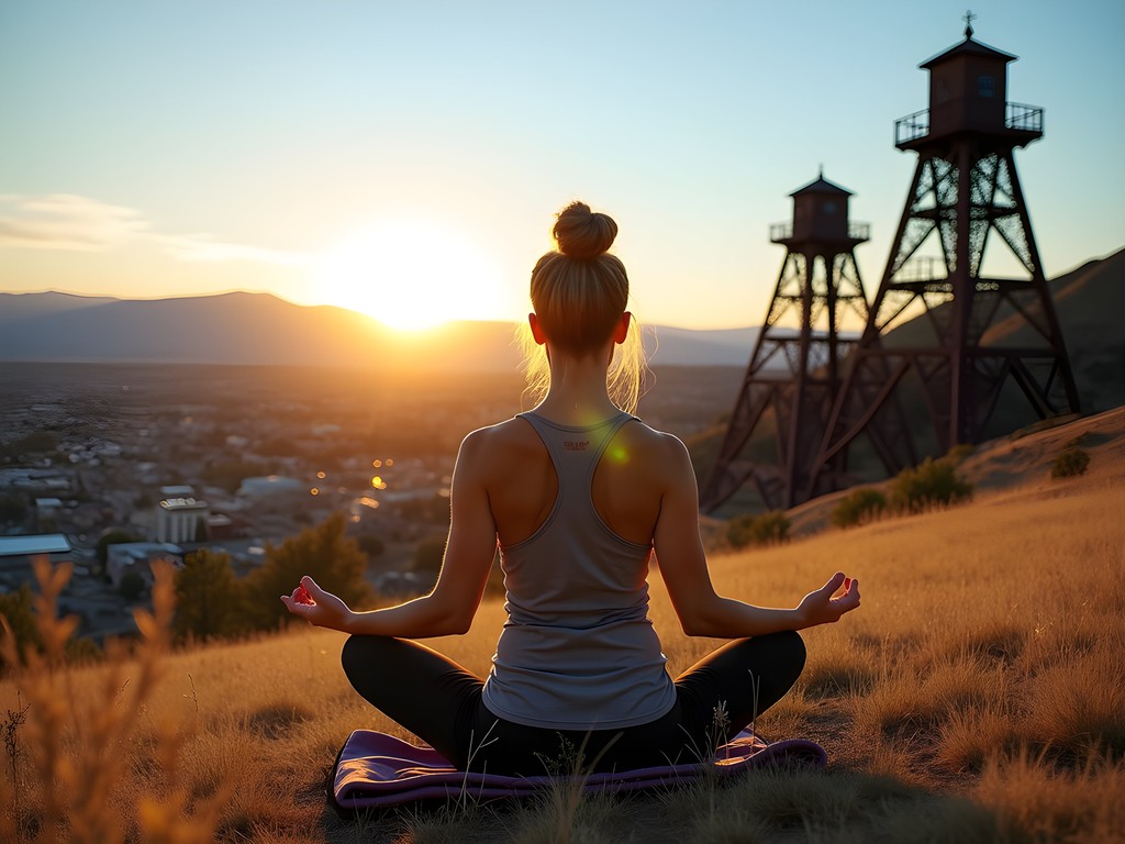 Woman doing yoga pose with view of historic mining headframes and Butte cityscape at sunrise