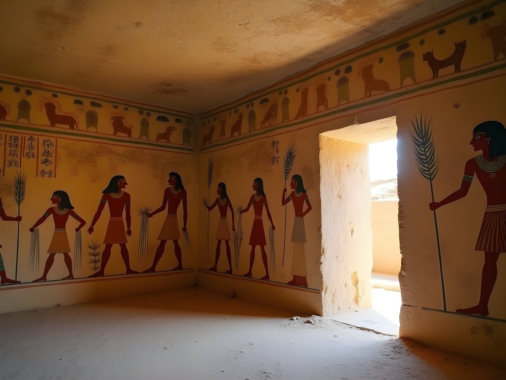 Ancient Egyptian wall paintings depicting daily life scenes in the Al-Maridani tombs of Cairo