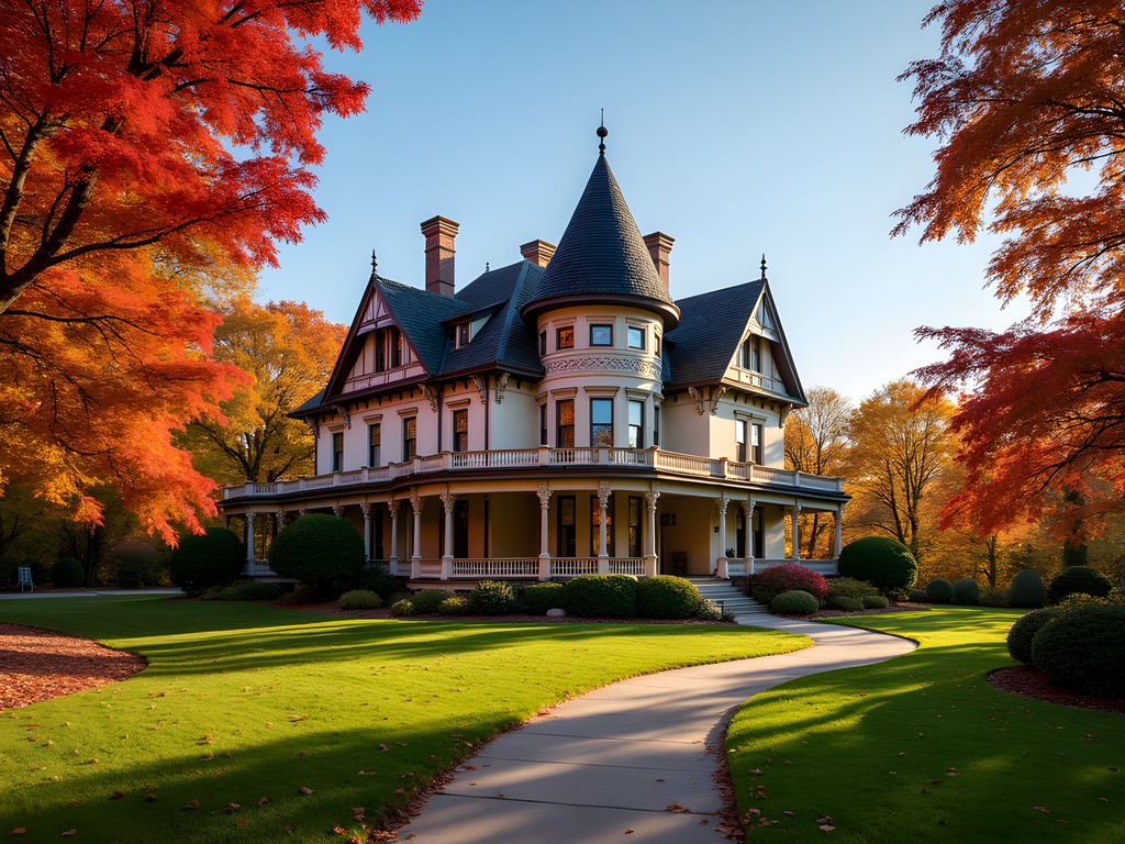 Historic Brucemore Estate surrounded by fall foliage in Cedar Rapids, Iowa