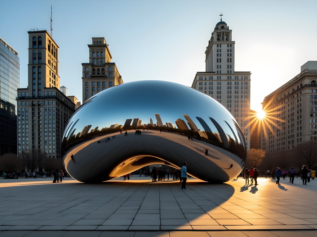 Cloud Gate sculpture reflecting Chicago skyline at sunrise with few tourists