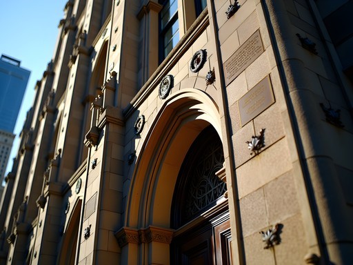 Close-up of Tribune Tower's neo-Gothic architecture with embedded stones from famous sites