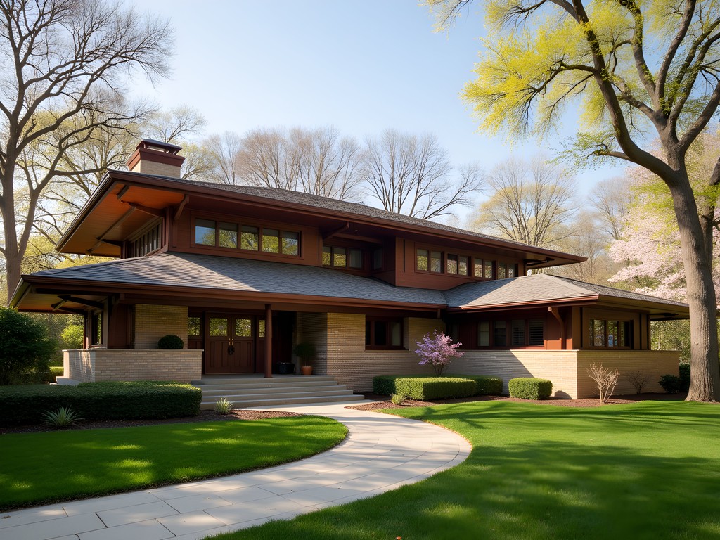 Exterior view of Frank Lloyd Wright's Home and Studio in Oak Park with distinctive Prairie School architecture