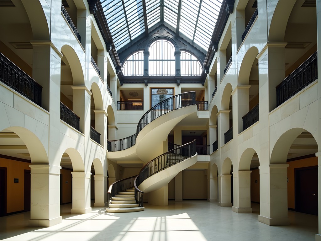 The ornate light court of the Rookery Building with Frank Lloyd Wright's white marble and ironwork