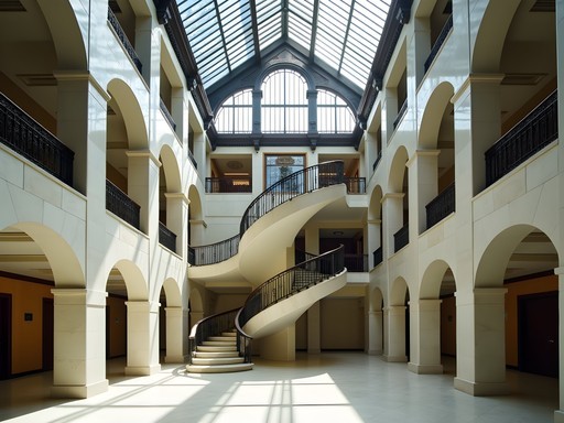 The ornate light court of the Rookery Building with Frank Lloyd Wright's white marble and ironwork