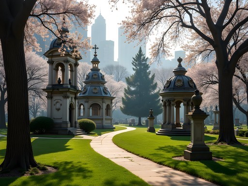 Historic architectural monuments among flowering trees at Graceland Cemetery in spring
