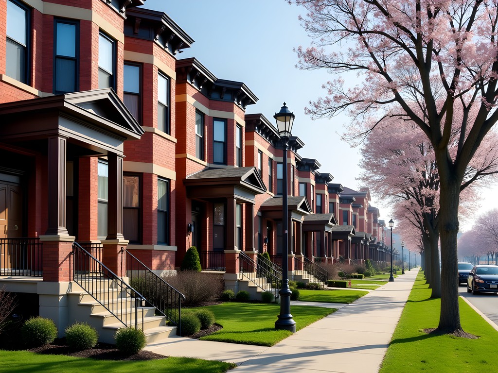 Row of historic red brick workers' houses in Pullman Historic District with spring blooms