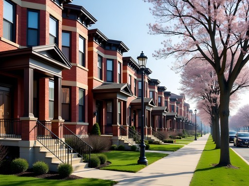Row of historic red brick workers' houses in Pullman Historic District with spring blooms