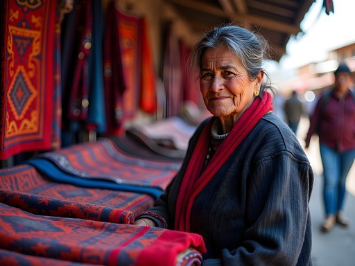 Indigenous textile vendor displaying colorful traditional weavings at Cochabamba market