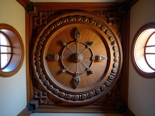 Ornate wooden ceiling rose with indigenous sun motifs disguised as colonial decoration