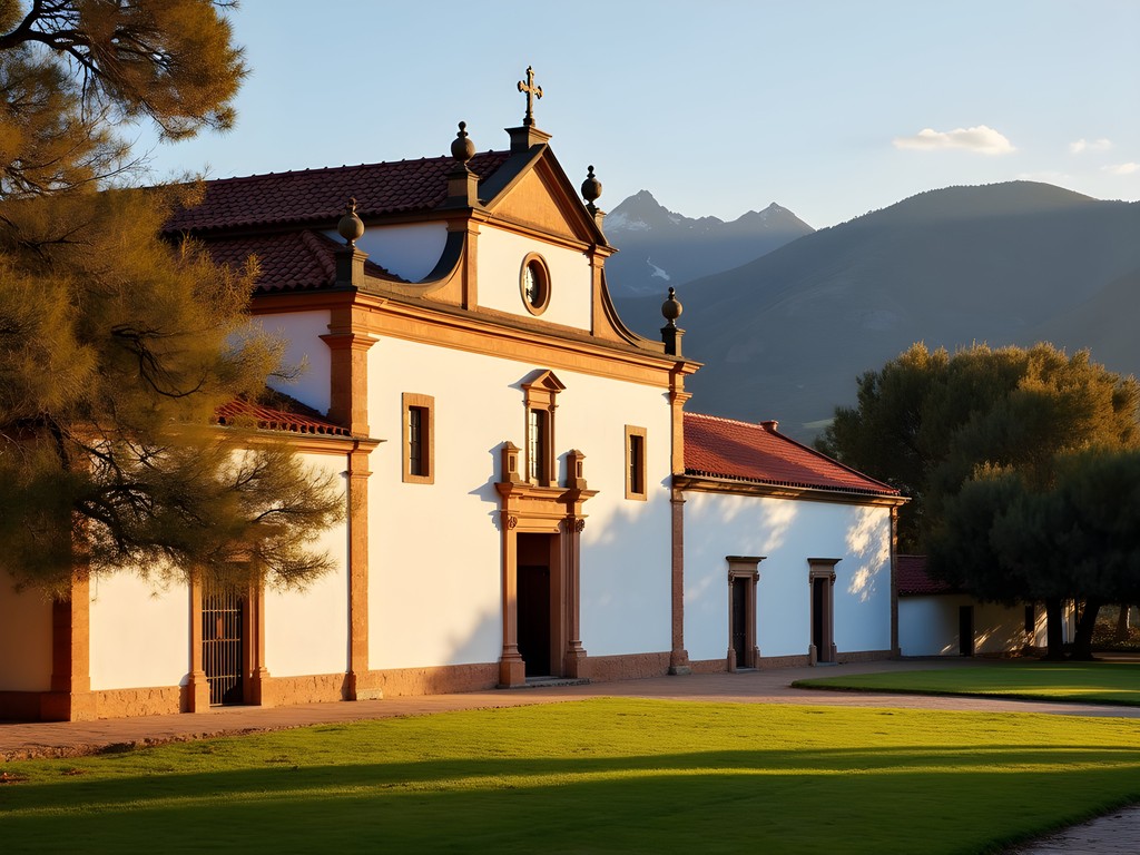 Exterior view of Alta Gracia Jesuit Estancia with autumn foliage