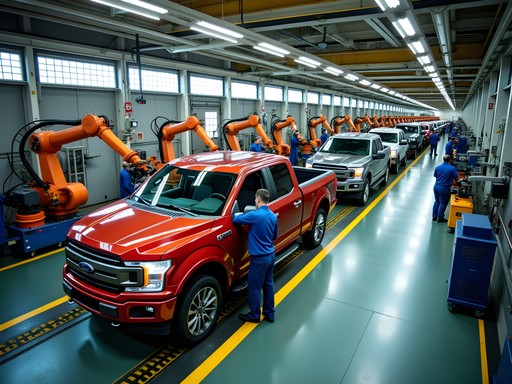 Ford Rouge Factory assembly line with robots and workers building F-150 trucks