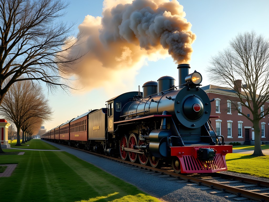 Steam locomotive passing through Greenfield Village with historic buildings in background