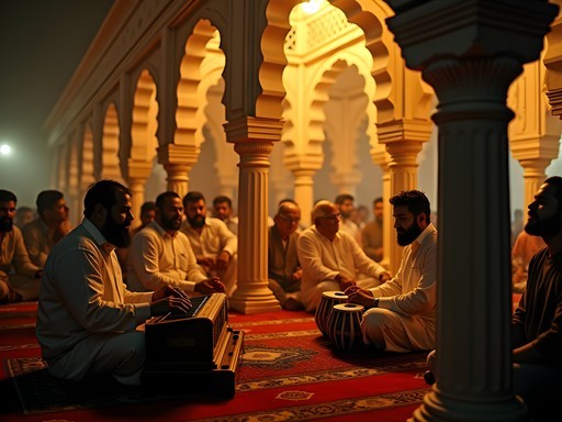Evening qawwali performance at Nizamuddin Dargah with musicians and devotees