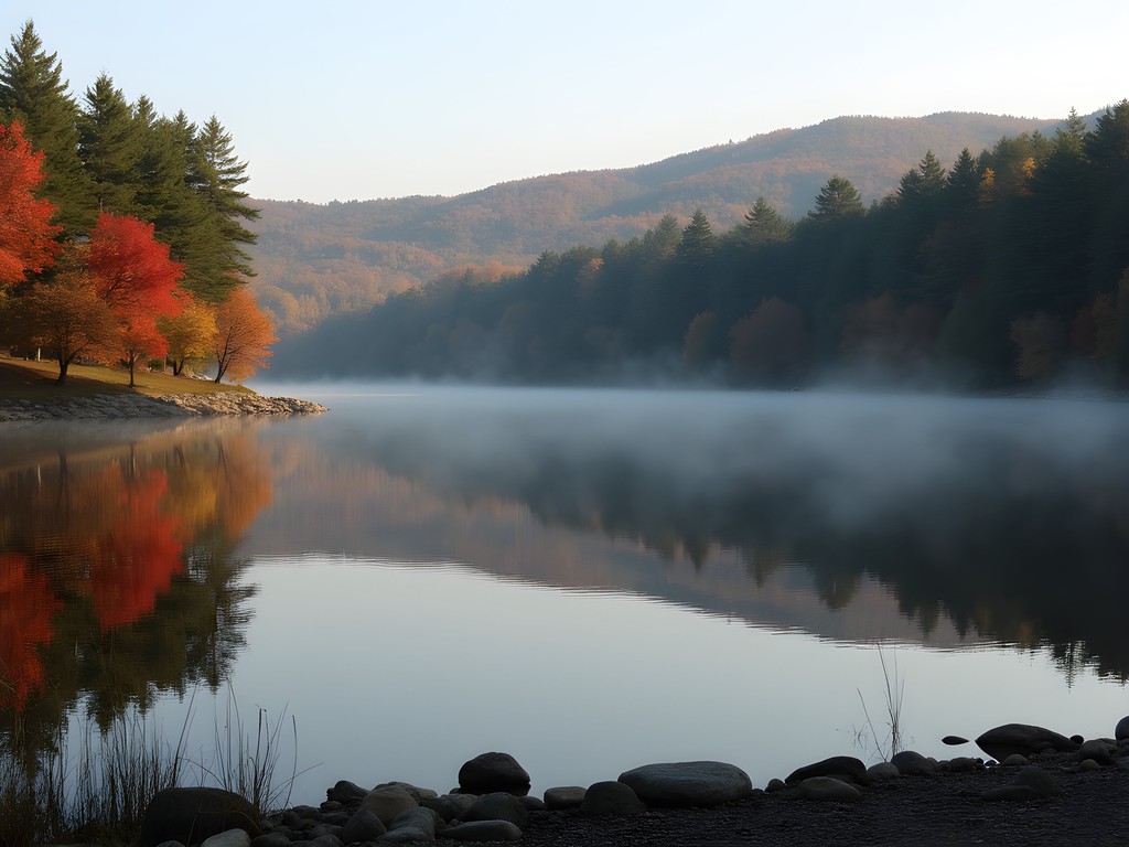 Beaver Lake in Derry New Hampshire with fall foliage reflected in calm water