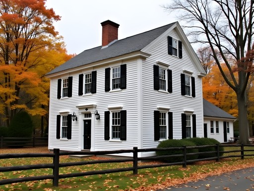 18th century Georgian colonial house with central chimney and fall foliage in Derry New Hampshire