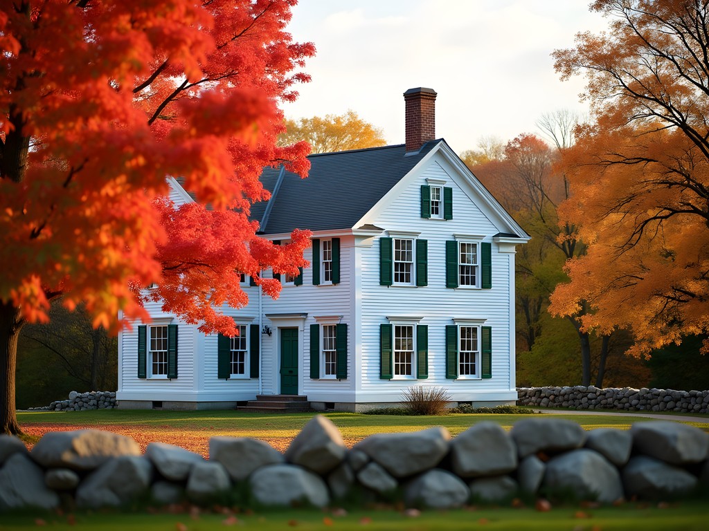 Historic white clapboard Robert Frost farmhouse surrounded by vibrant fall foliage in Derry New Hampshire