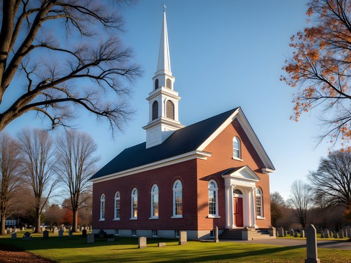 Historic First Parish Church in Dover with autumn foliage