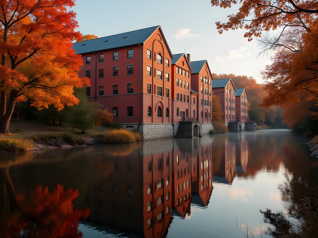 Historic brick mill buildings along Cochecho River with fall foliage