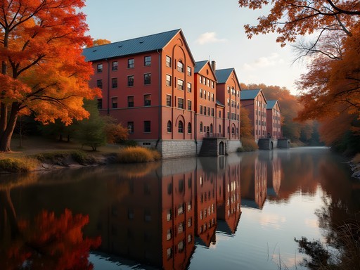 Historic brick mill buildings along Cochecho River with fall foliage