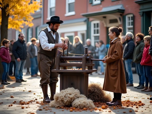 Colonial crafts demonstration with families watching in downtown Dover