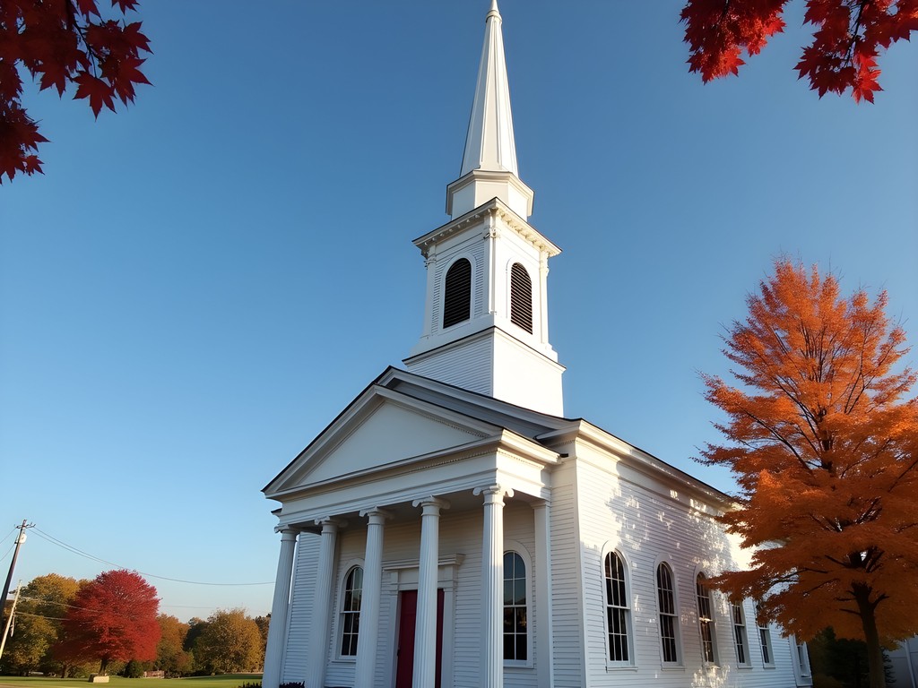Historic First Parish Church white steeple against autumn sky in Dover