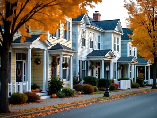 Row of colorful historic homes in Dover's Tuttle Square district with fall decorations