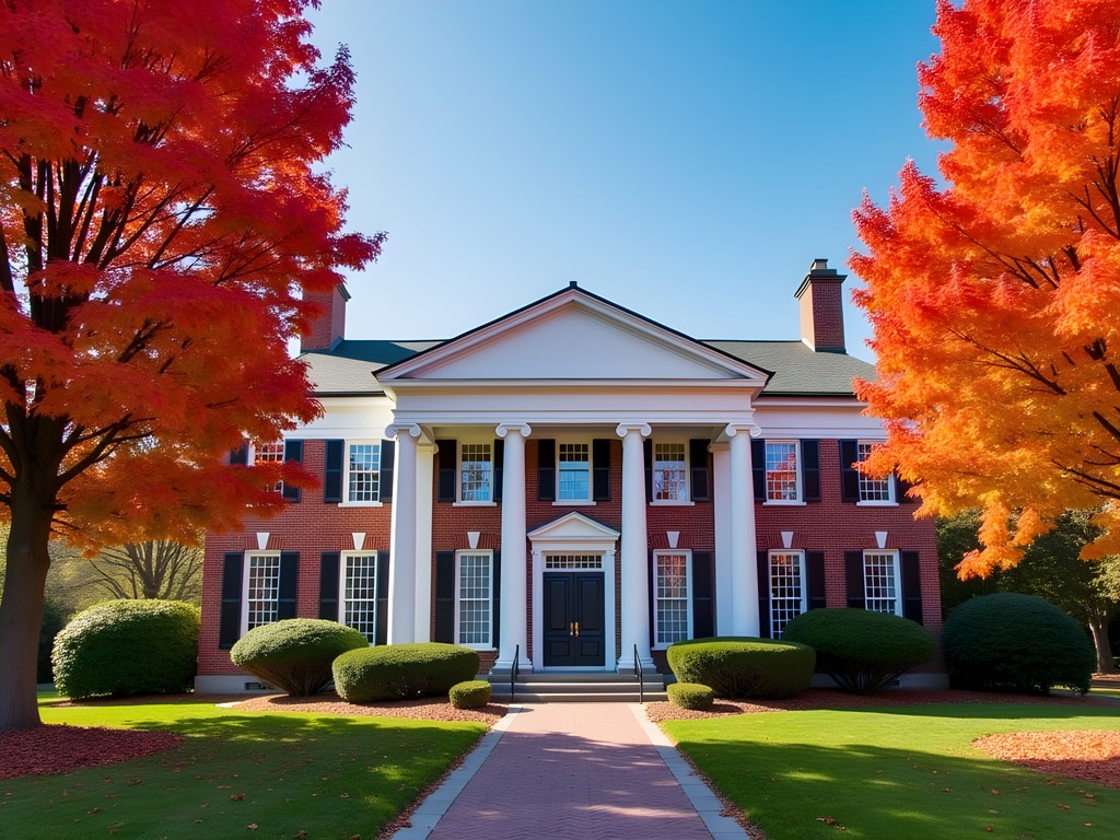 Historic Federal-style Woodman Institute Museum building with autumn foliage